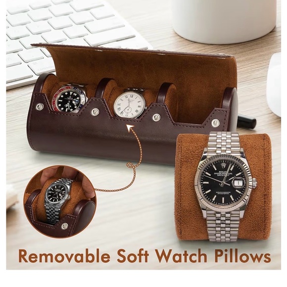 Lefor·Z Other - Lefor·Z Brown Leather Watch Roll 3 Slot Travel Case Luxury Organizer